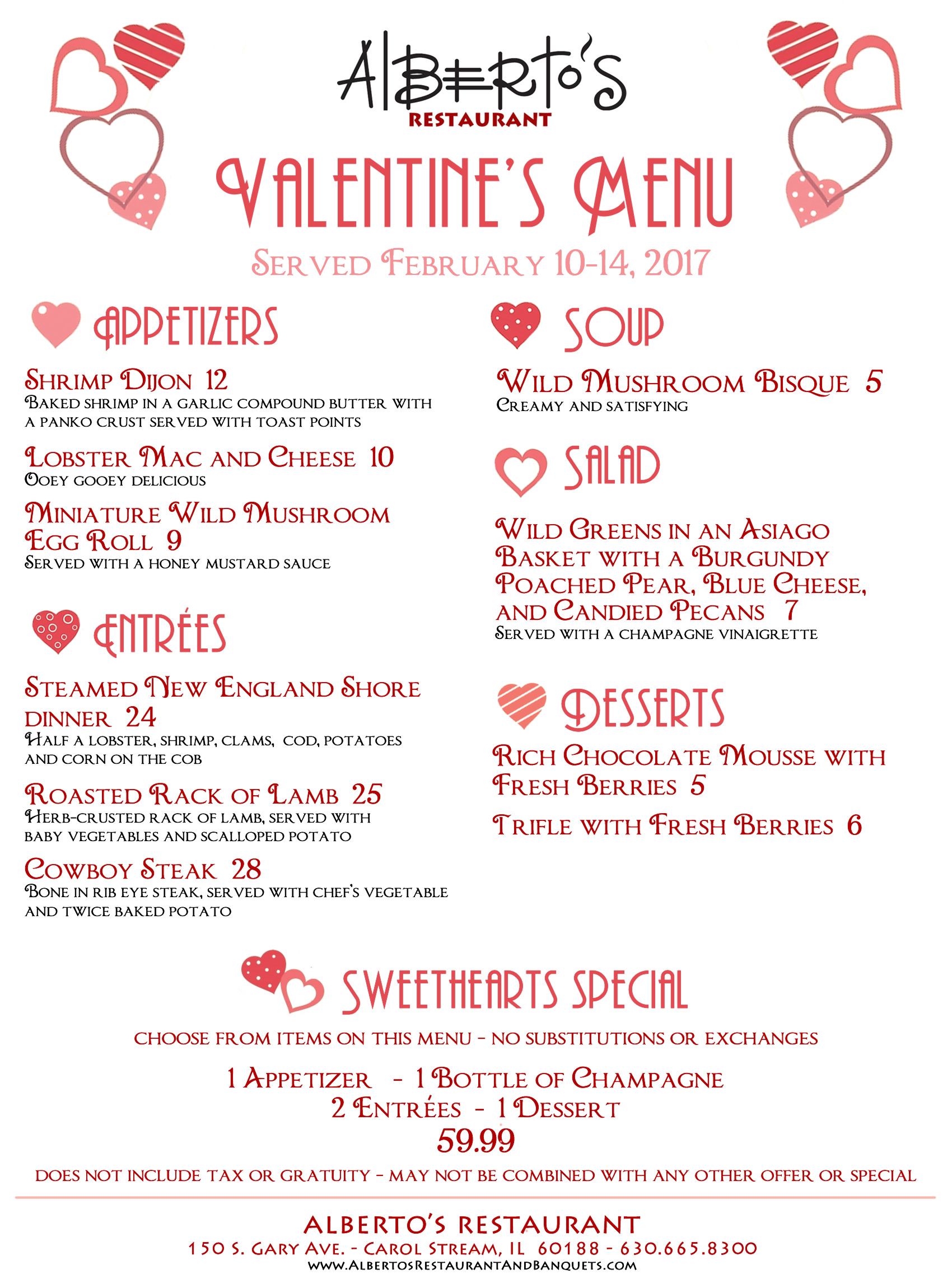 Celebrate Valentine’s Day with A Romantic Dinner for 2 at Alberto’s Restaurant in Carol Stream