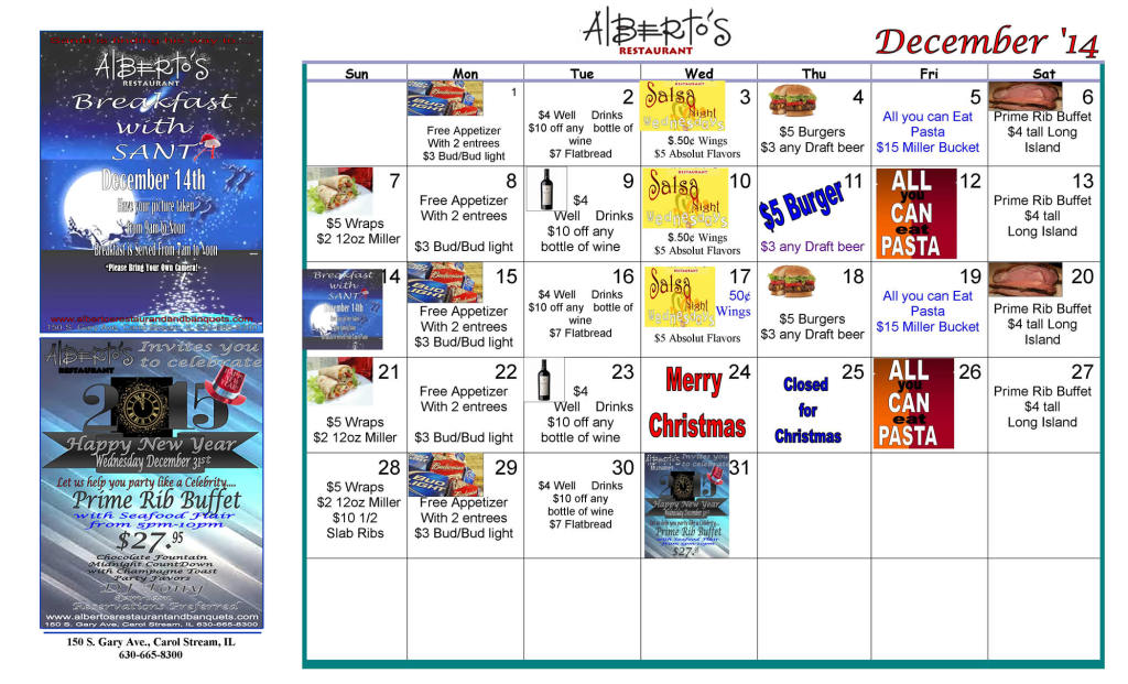 Alberto's Restaurant Calendar December 2014