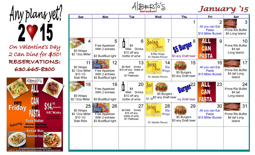 Alberto's Restaurant Specials Calendar for 2015