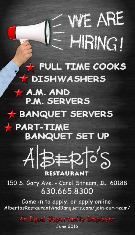 Alberto's Restaurant and Banquets is hiring!