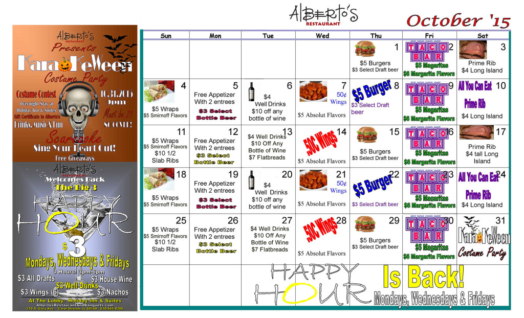 Alberto's Restaurant Calendar for October 2015