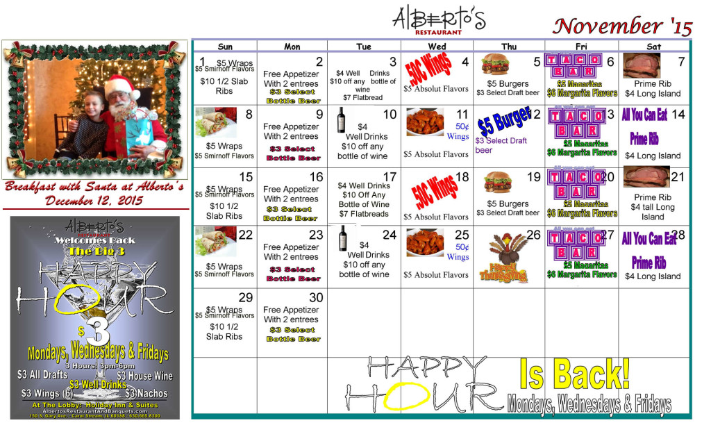 Alberto's Restaurant Calendar of Specials for November 2015