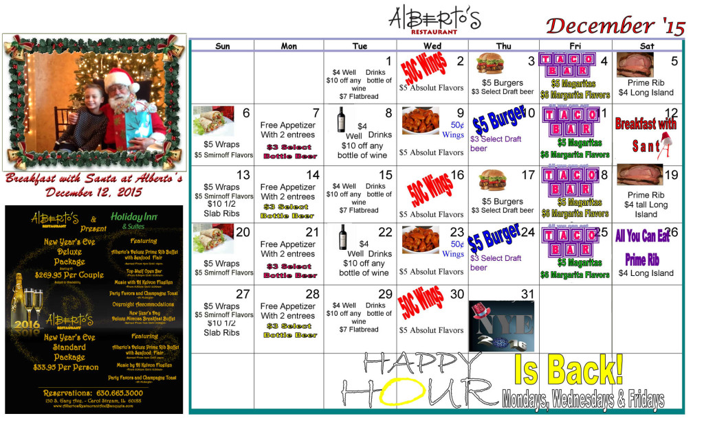 Alberto's Restaurant December 2015 Calendar