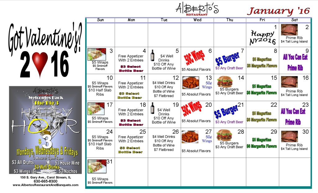 Alberto's Restaurant January 2016 Specials Calendar