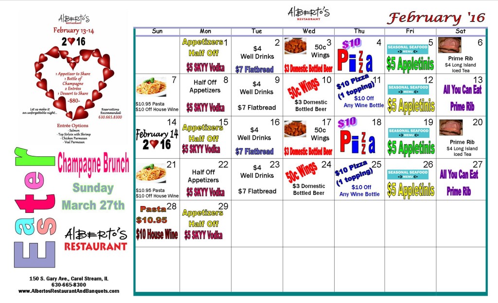 Alberto's Specials Calendar - February 2016