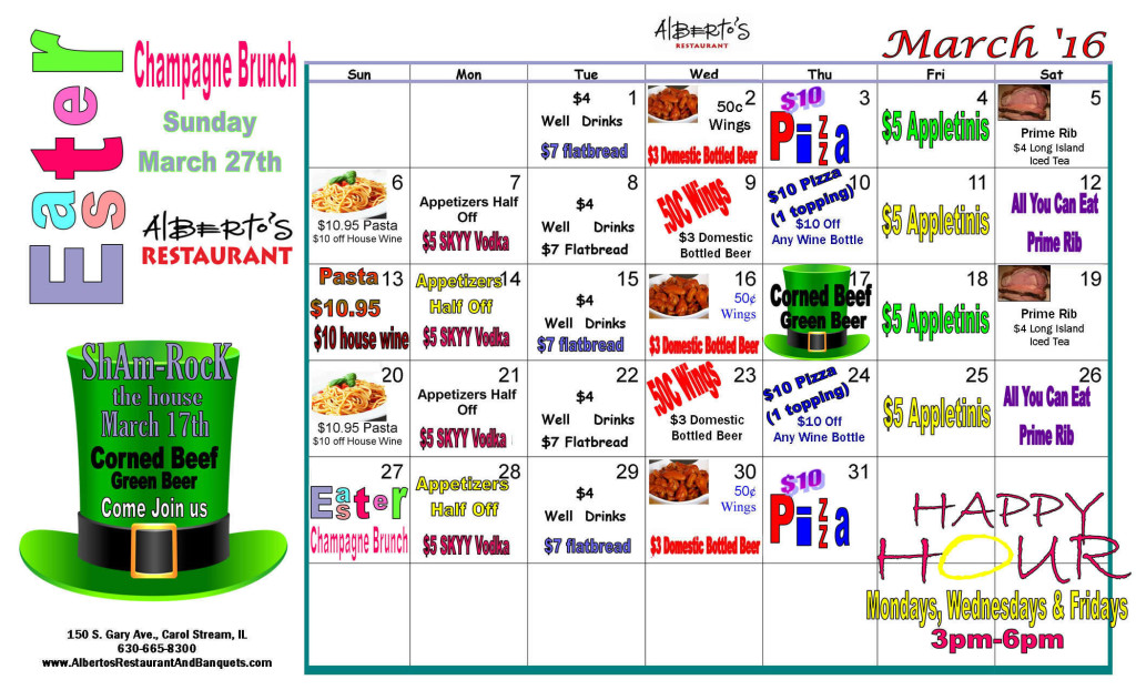 Alberto's Specials Calendar for March 2016