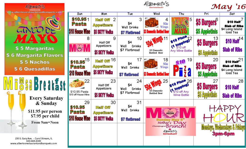 Alberto's Restaurant Specials Calendar - May 2016