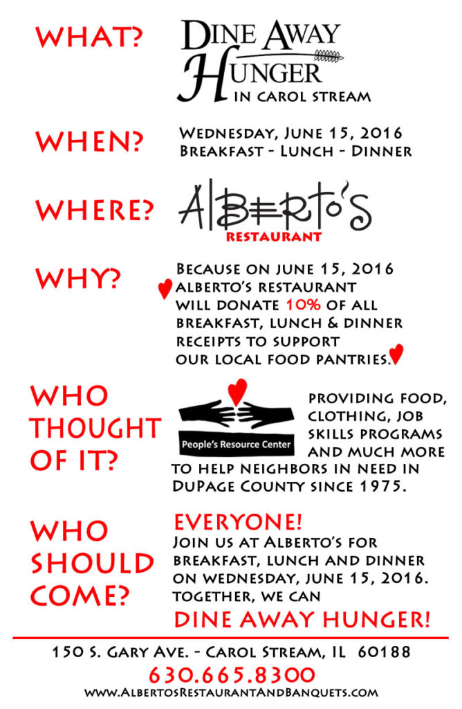 Dine Away Hunger 2016 at Alberto's on June 15th!